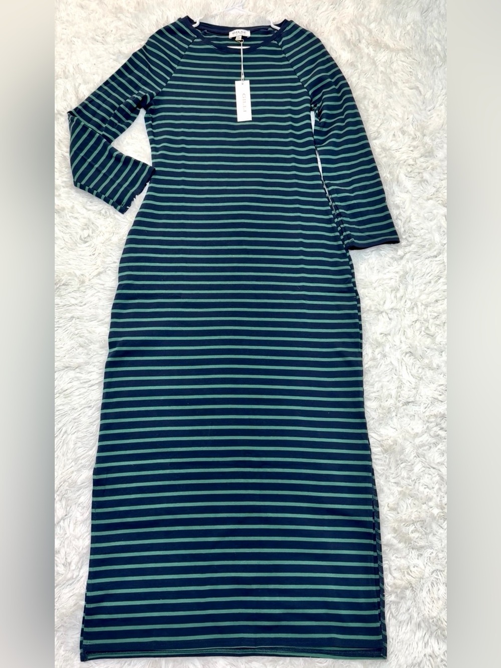 Gilli Navy and Teal Striped Long Sleeve Maxi Dress, Side Slits. - Picture 4 of 4
